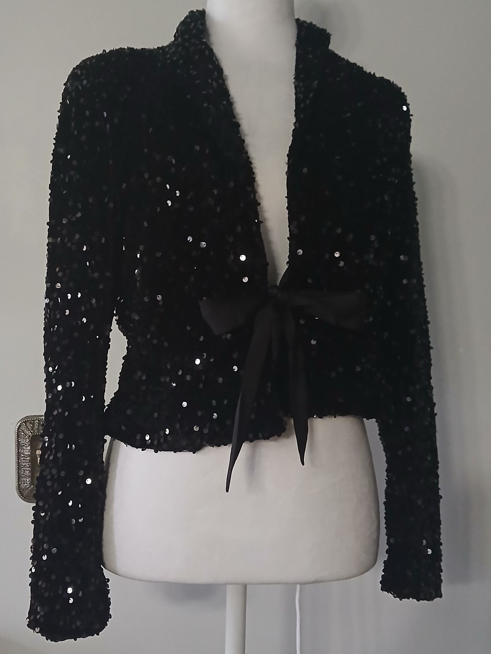 Black Sequin Tie-Front Evening Jacket with Bow By Nanette Lepore NWT